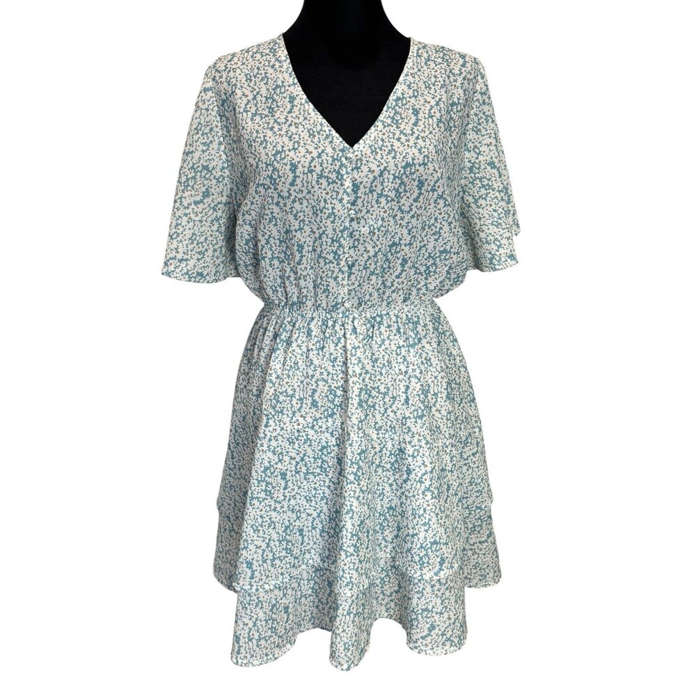 Women’s Size L Teal & White Floral Mini Dress Flutter Sleeve Elastic Waist Lined